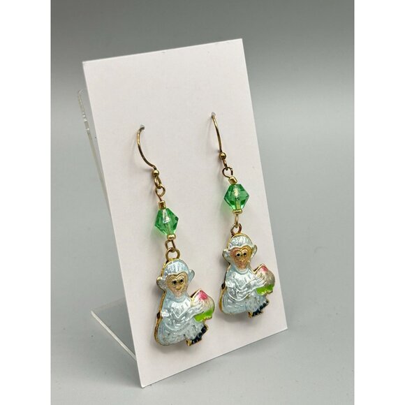Enamel Silvery Blue Monkey Dangle Earrings with Green Bead Accents Double Sided - Picture 2 of 5